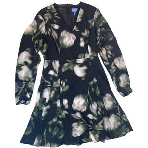 Simply Vera A-Line Abstract Watercolor Black Floral Flare Dress V-Neck Evening 6